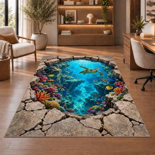 Underwater Cracked Stone Portal Rug, room view 1