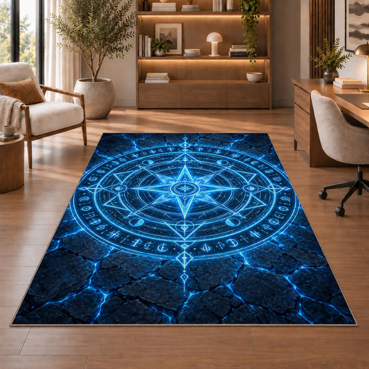 Blue Celestial Compass Rug, room view 1