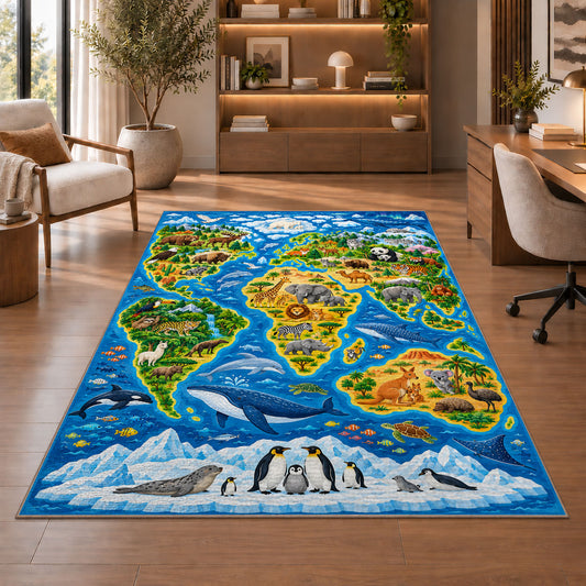 Wildlife Continent Map Rug, Printed Area Carpet for Kids Bedroom and Cozy Living Room Decor - image 1