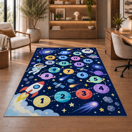 Navy galaxy hopscotch rug with colorful numbered planets, a rocket and astronaut, shown beside seating in a bright room