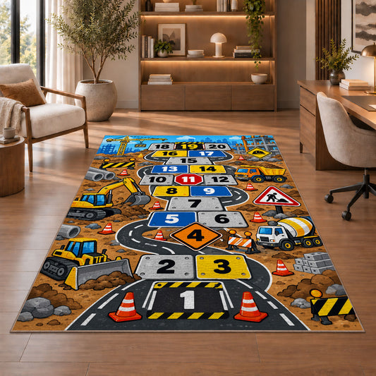 Construction truck hopscotch rug with numbered road tiles, diggers and traffic signs, shown beside seating in a bright room