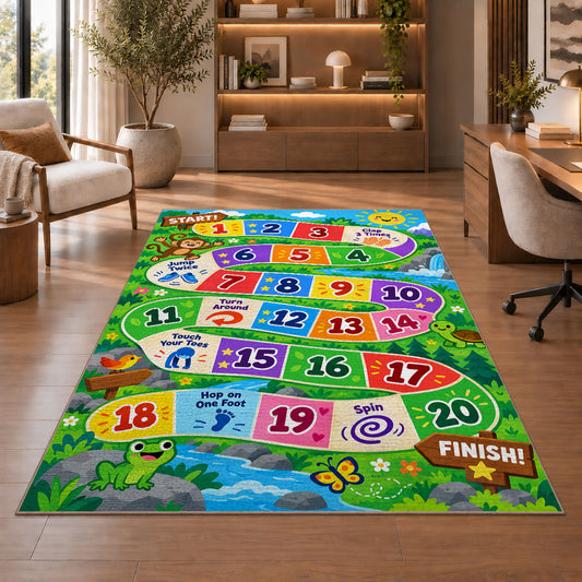 Rainbow adventure game rug with numbered colorful path tiles and activity prompts, shown beside seating in a bright room