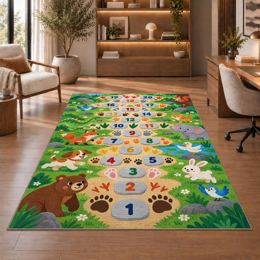 Green animal footprint hopscotch rug with colorful numbers, flowers and friendly animals, shown beside seating in a bright room