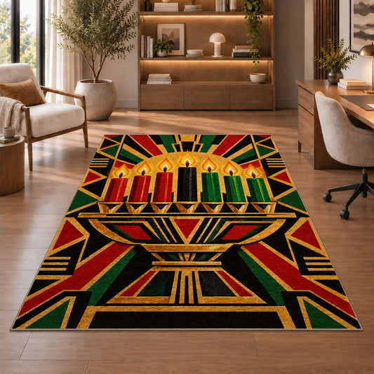 Art Deco Kwanzaa Rug in a home office with wooden shelves