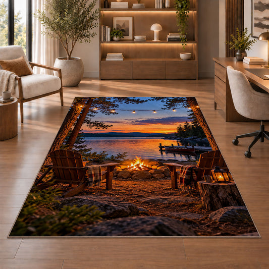 Lakeside campfire with chairs rug in a home office with wooden shelves