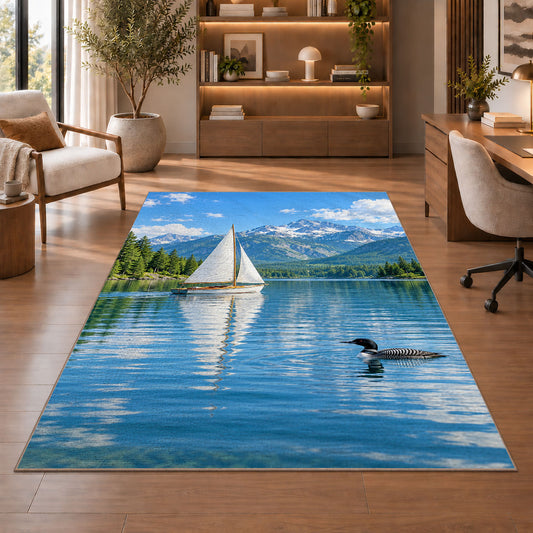 Sailboat and loon on lake rug in a home office with wooden shelves