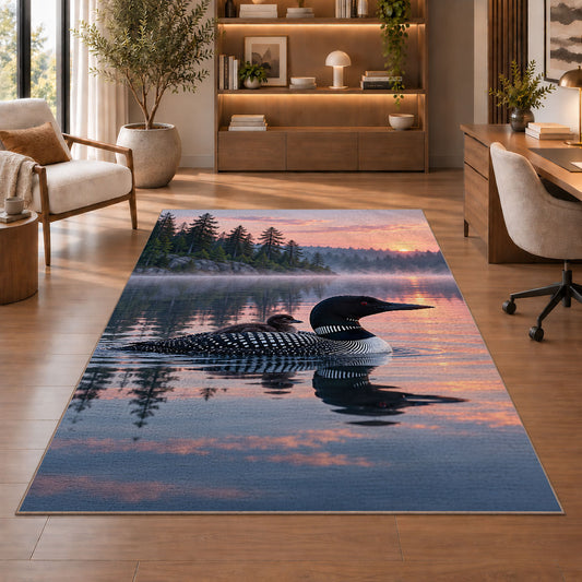 Loon and chick at sunrise rug in a home office with wooden shelves