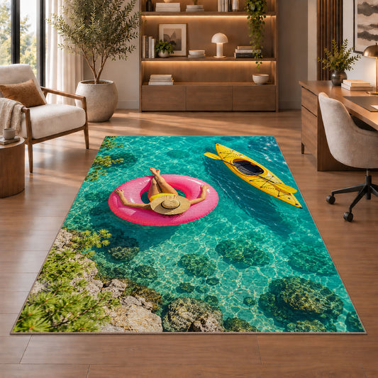 Pink float and yellow kayak rug in a home office with wooden shelves