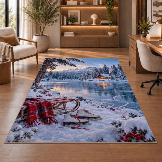 Frozen lake winter scene rug in a home office with wooden shelves