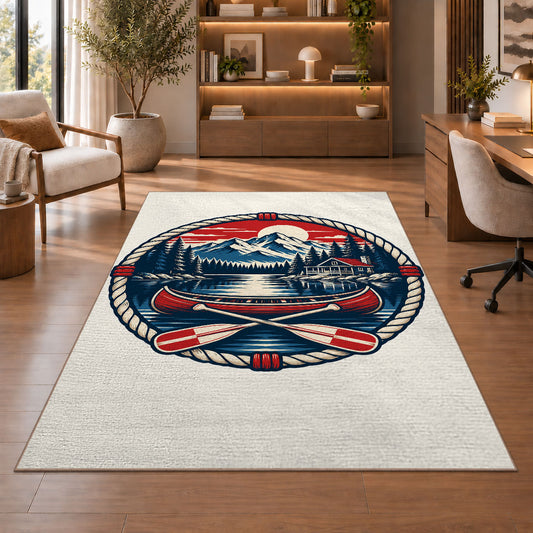 Lake house badge emblem rug in a home office with wooden shelves