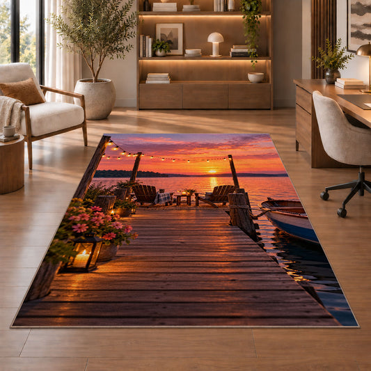Dock with string lights at sunset rug in a home office with wooden shelves