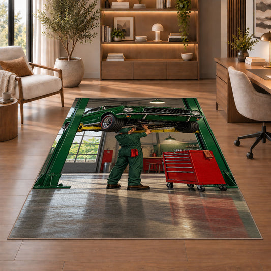 Classic car on a garage lift rug in a home office with wooden shelves