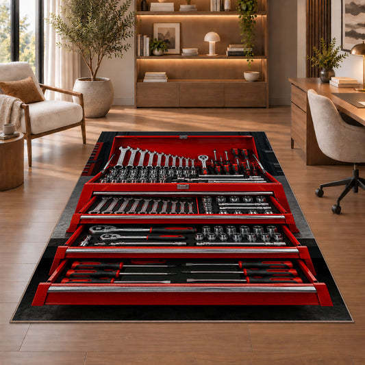 Red toolbox with open drawers rug in a home office with wooden shelves
