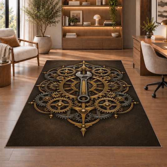 Copper gear mandala rug in a home office with wooden shelves