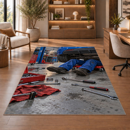 Mechanic working under a car rug in a home office with wooden shelves