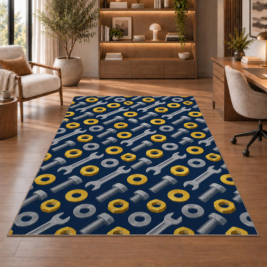 Nuts and bolts pattern rug in a home office with wooden shelves