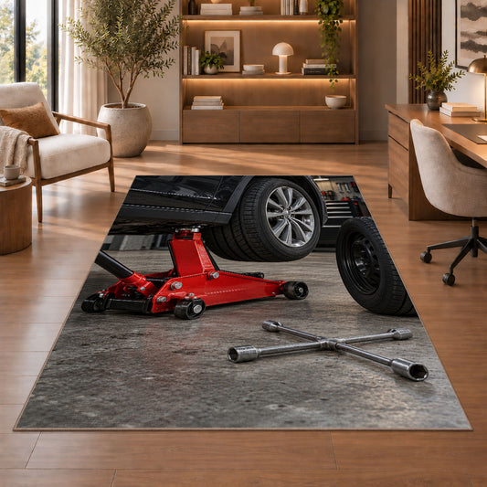 Car jack and spare tire rug in a home office with wooden shelves