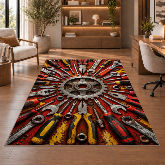 Tools radiating around a gear rug in a home office with wooden shelves
