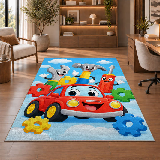 Cartoon tools with smiling faces rug in a home office with wooden shelves