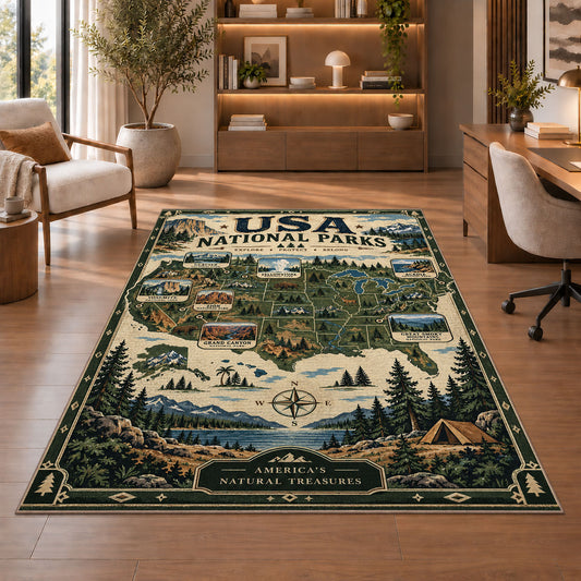 Vintage USA national parks map rug in a sitting room with an armchair