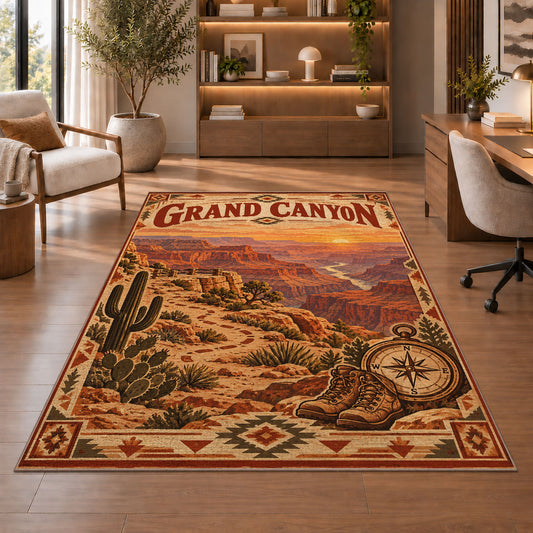 Grand Canyon sunset travel poster rug in a sitting room with an armchair