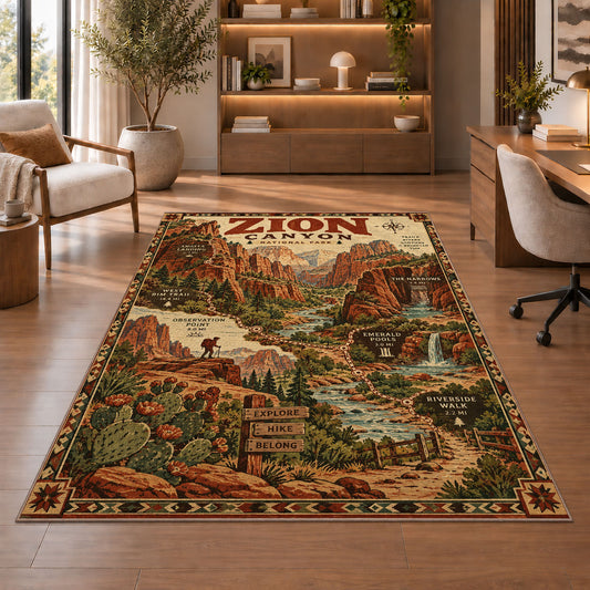 Zion Canyon trail map poster rug in a sitting room with an armchair