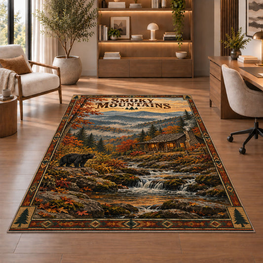 Smoky Mountains autumn cabin poster rug in a sitting room with an armchair