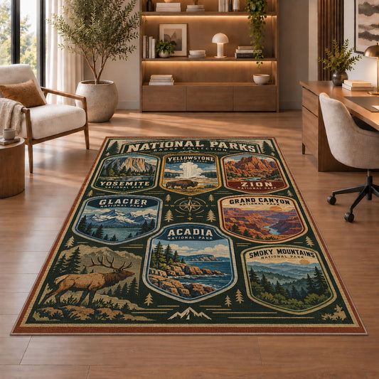 Vintage national parks badge collection rug in a sitting room with an armchair