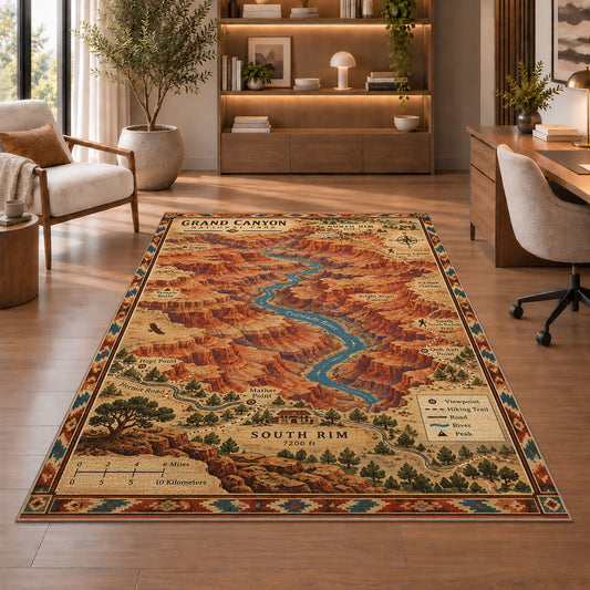 Grand Canyon South Rim map rug in a sitting room with an armchair