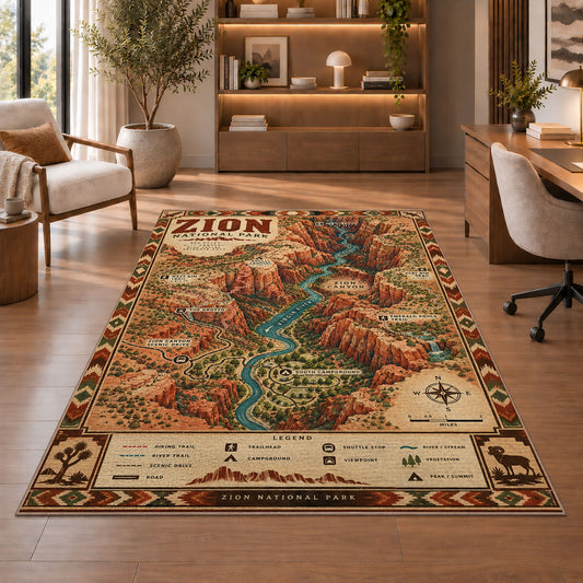 Illustrated Zion National Park map rug in a sitting room with an armchair