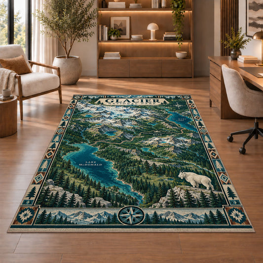 Illustrated Glacier National Park map rug in a sitting room with an armchair