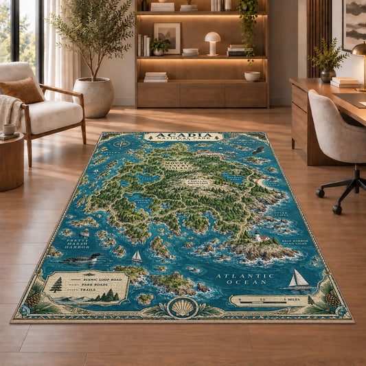 Illustrated Acadia coastal map rug in a sitting room with an armchair