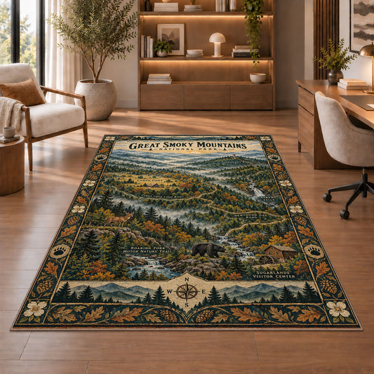 Illustrated Great Smoky Mountains map rug in a sitting room with an armchair