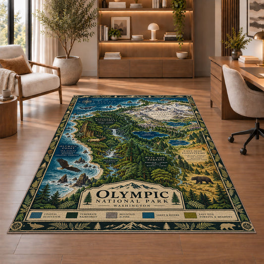 Illustrated Olympic National Park map rug in a sitting room with an armchair