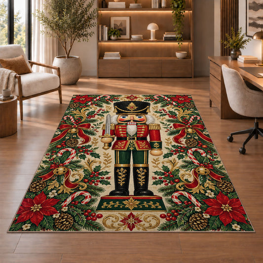 Classic Nutcracker Christmas Rug in a home office with wooden shelves