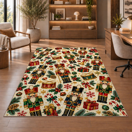 Nutcracker Pattern Christmas Rug in a home office with wooden shelves