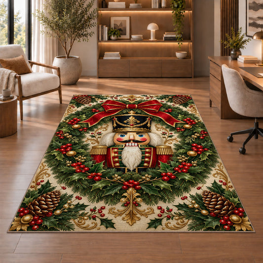 Nutcracker Wreath Christmas Rug in a home office with wooden shelves