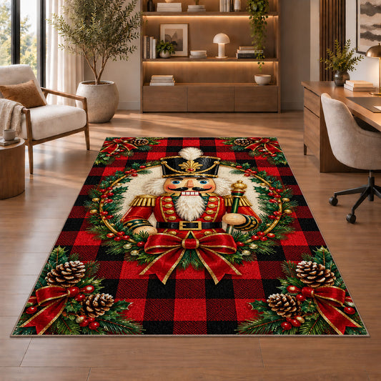 Buffalo Plaid Nutcracker Rug in a home office with wooden shelves