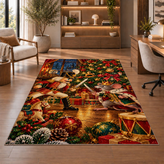 Nutcracker and Mouse King Rug in a home office with wooden shelves