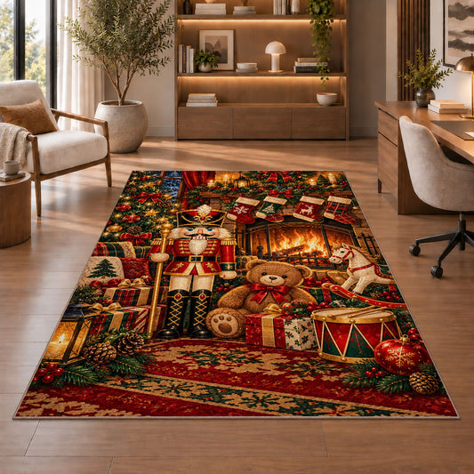 Nutcracker Fireplace Christmas Rug in a home office with wooden shelves