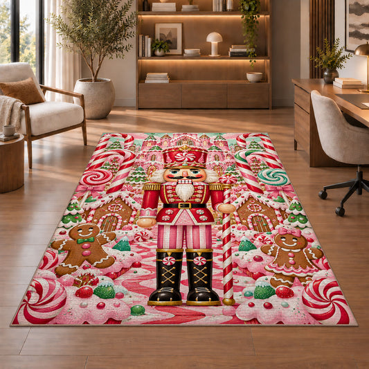 Candy Land Nutcracker Rug in a home office with wooden shelves
