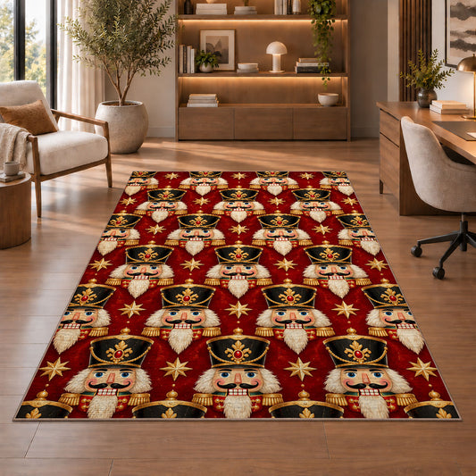 Nutcracker Heads Pattern Rug in a home office with wooden shelves
