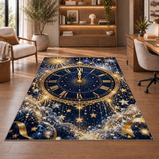 Midnight clock fireworks rug in a home office with wooden shelves