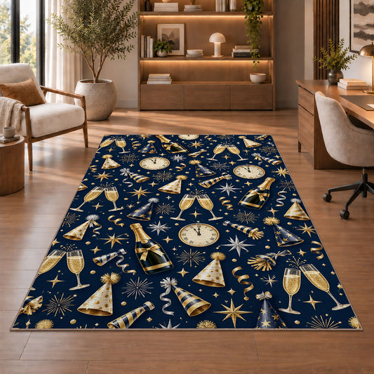 New Year party pattern rug in a home office with wooden shelves