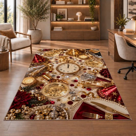 New Year party table rug in a home office with wooden shelves