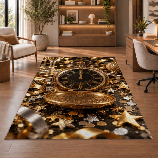 Vintage pocket watch at midnight rug in a home office with wooden shelves