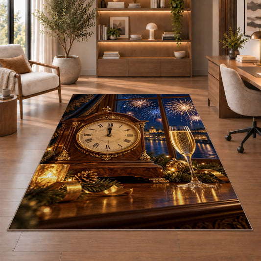Mantel clock at midnight rug in a home office with wooden shelves