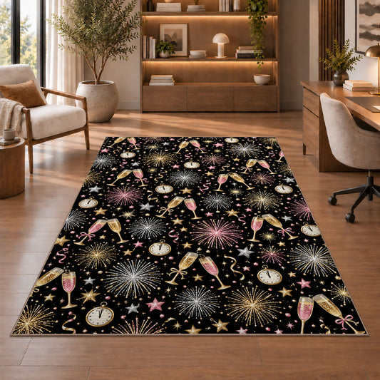 Fireworks and champagne pattern rug in a home office with wooden shelves