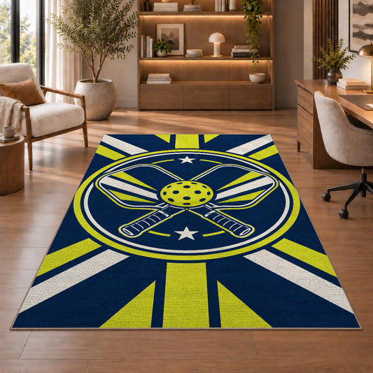 Crossed Pickleball Paddles Rug in a home office with wooden shelves