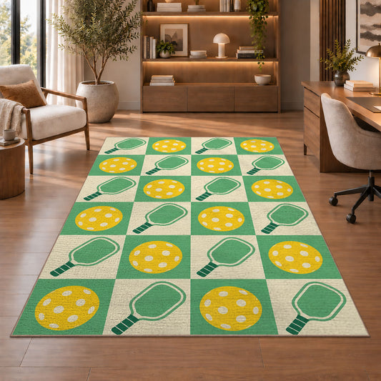 Retro Checkered Pickleball Rug in a home office with wooden shelves